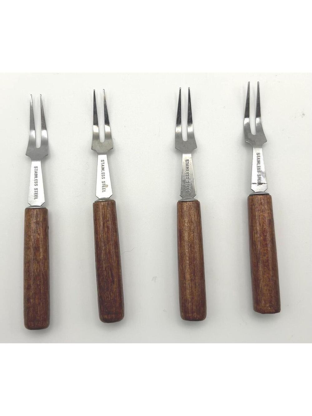 MCM cocktail forks with stainless steel tines and wood handle. Set of five. - Picture 3 of 5